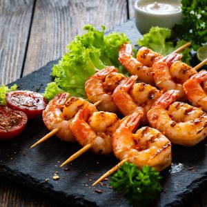 Tasty prawns on a stick